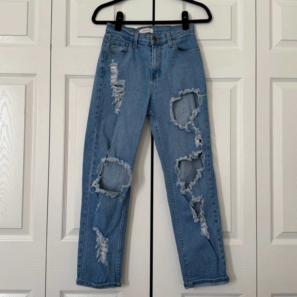 Vibrant High Waisted Distressed Jeans in Blue